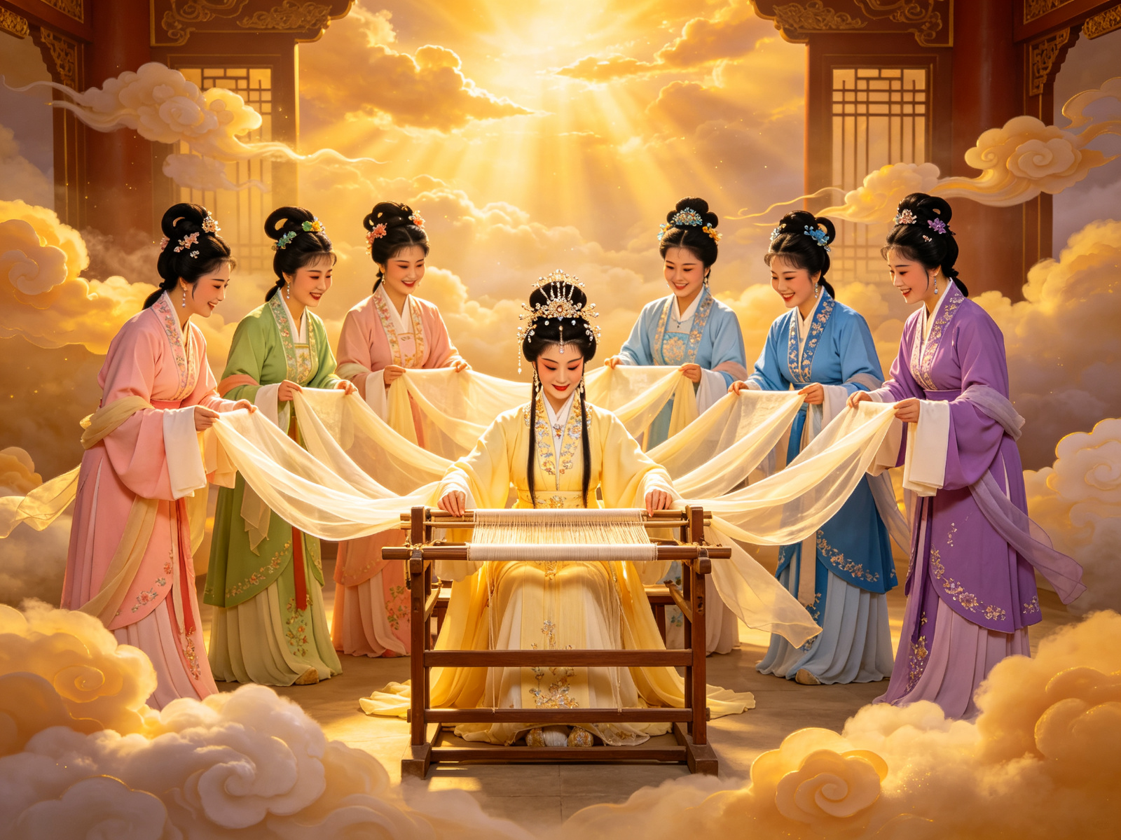 豫剧《天仙配》七仙女端坐织机前穿梭织布身旁六位仙女姊妹环绕帮忙纱绸飘扬云气缭绕霞光万道