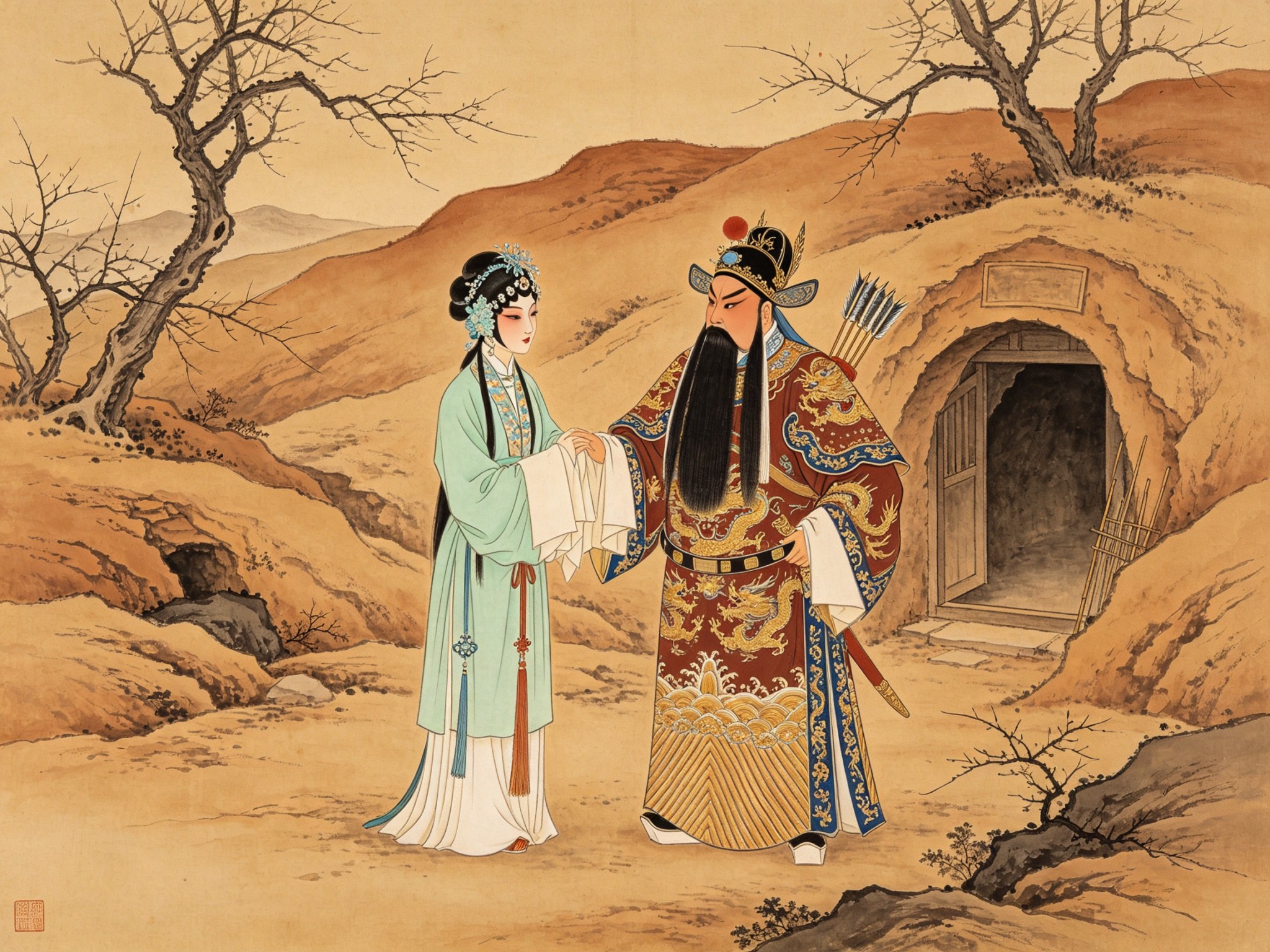 豫剧《王宝钏》武家坡前，青衣王宝钏与挂黑髯口、着蟒袍的薛平贵在北方黄土窑洞前相对而立的工笔戏曲人物画