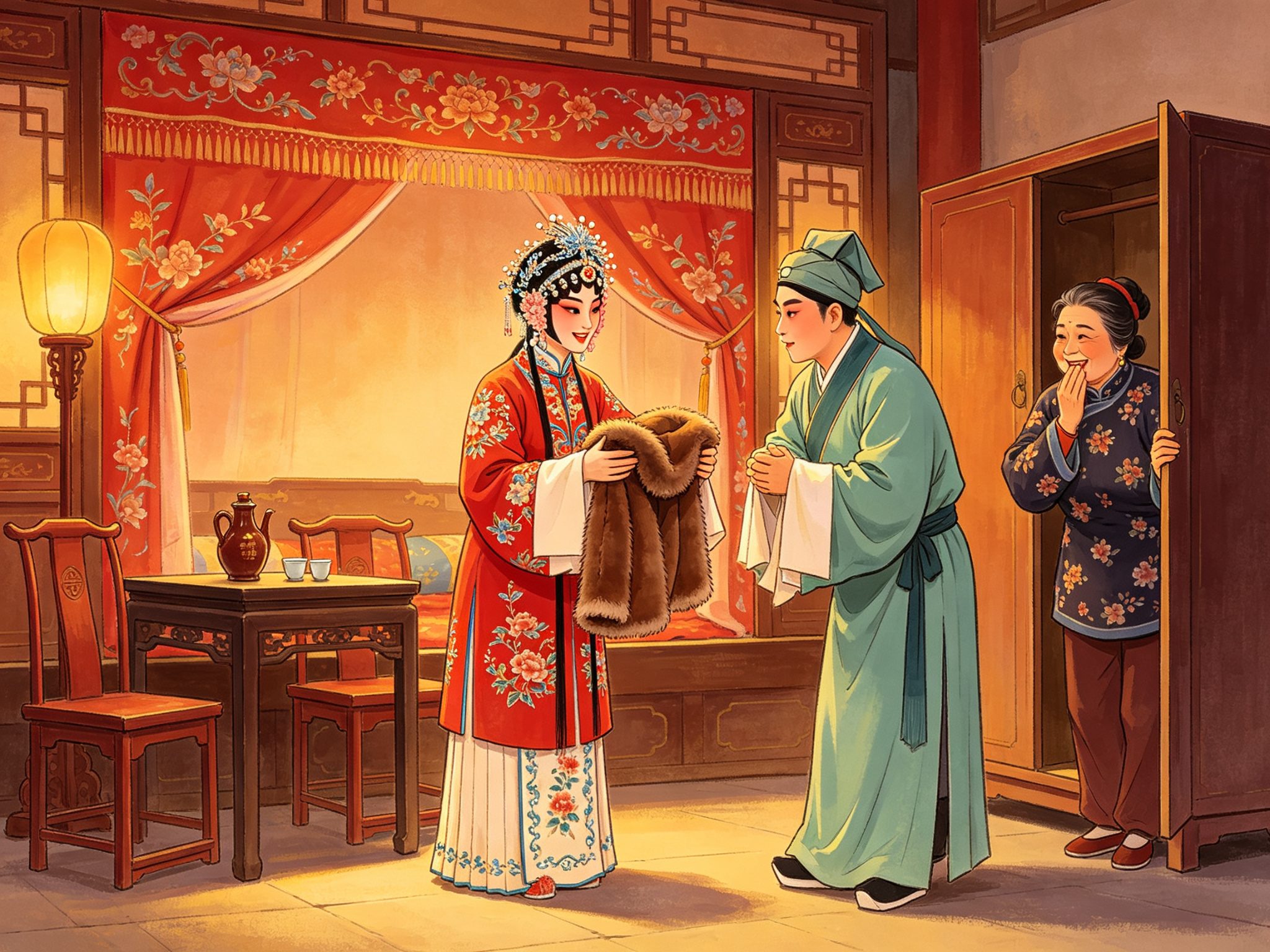 豫剧传统小戏《王金豆借粮》绣房内景：闺门旦张爱姐双手捧着皮袄递给小生王金豆，嫂子刘氏在衣柜后探头嬉笑