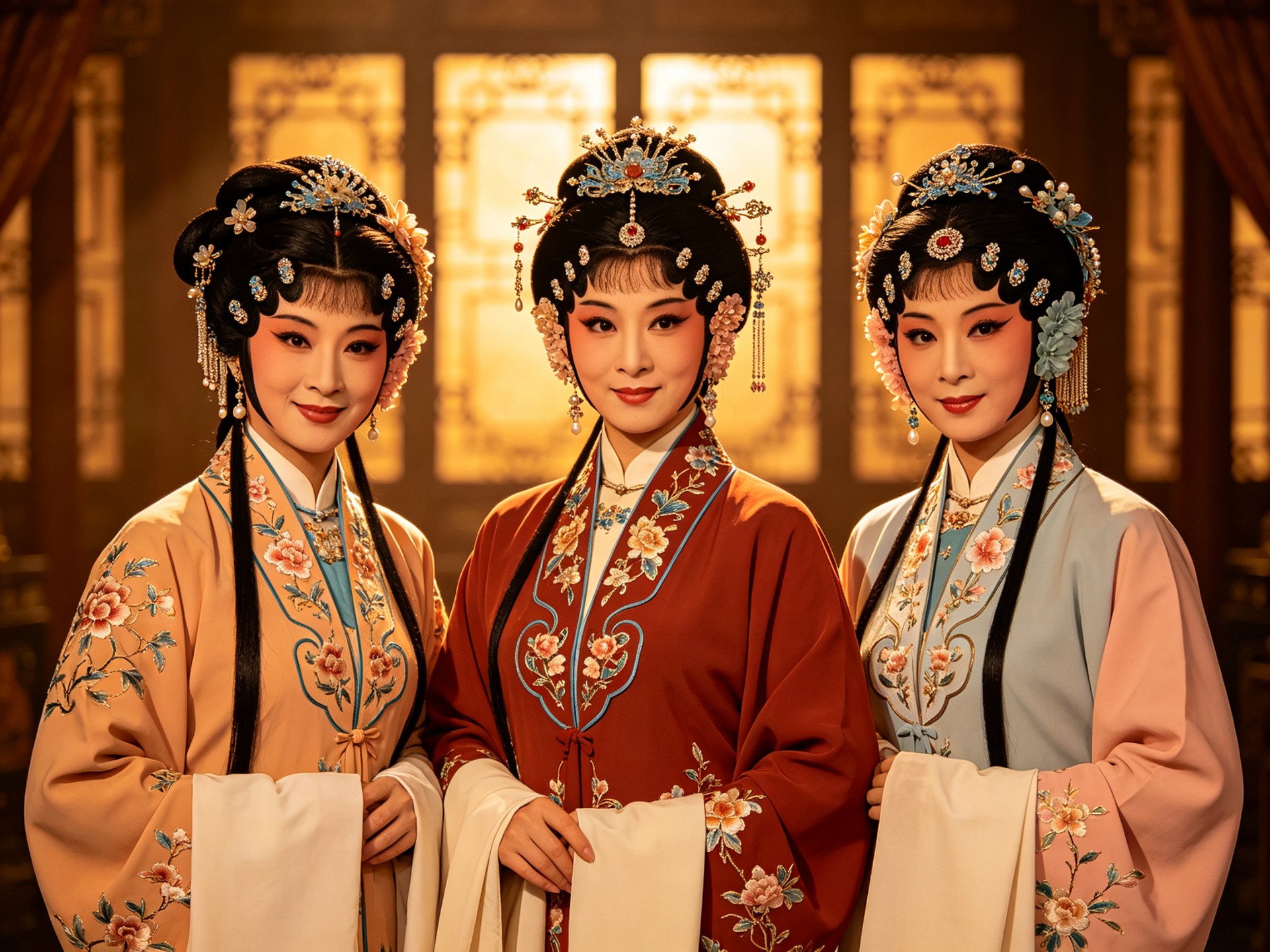 豫剧家庭伦理群戏厅堂祝寿场景，数位旦角女子着绣花古装戴珠翠头面，赭金色厅堂窗棂红灯笼