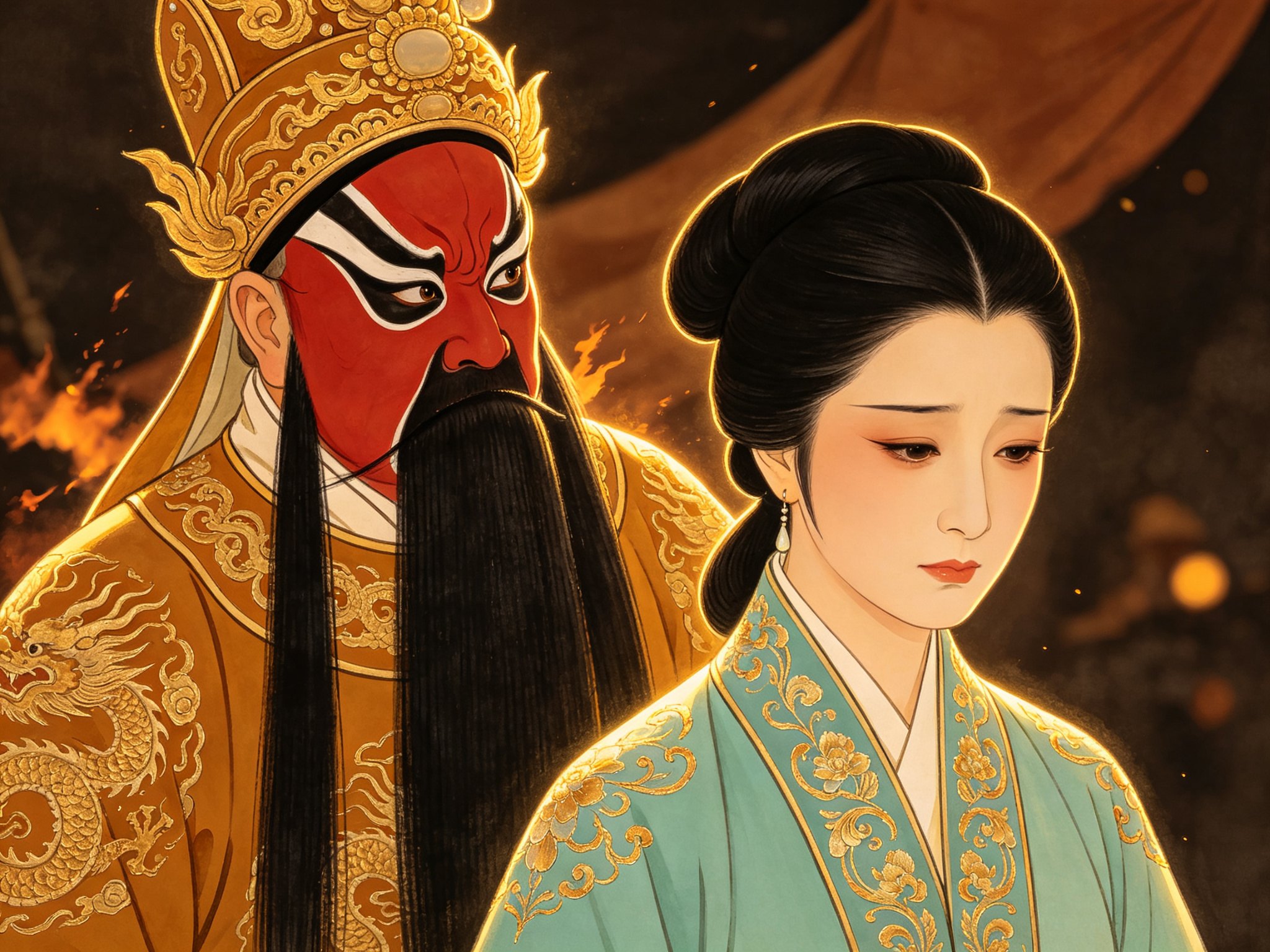 豫剧《下河东》金袍红脸赵匡胤立于军帐前，青衣罗氏素衣端庄，背景旌旗远山与围城烟尘