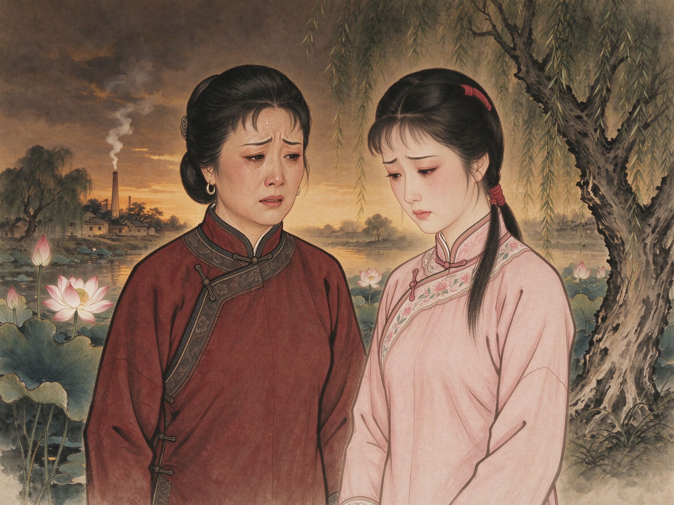 豫剧《香魂女》香嫂与儿媳环环两代女性立于香魂塘边