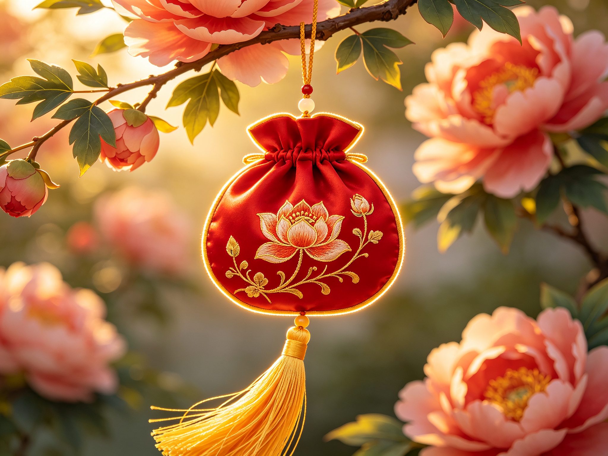 豫剧传统喜剧《香囊记》中一只红绸金线刺绣香囊悬垂于牡丹花枝下，明黄丝绦流苏轻垂