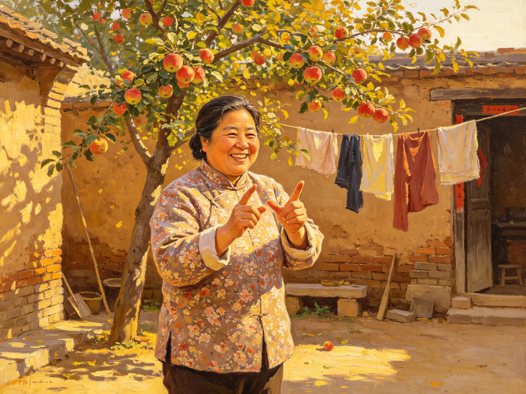 豫剧现代戏《小白鞋说媒》中一位身穿碎花褂子的中年媒婆刘翠花在豫东农家院落苹果树前双手比划说媒