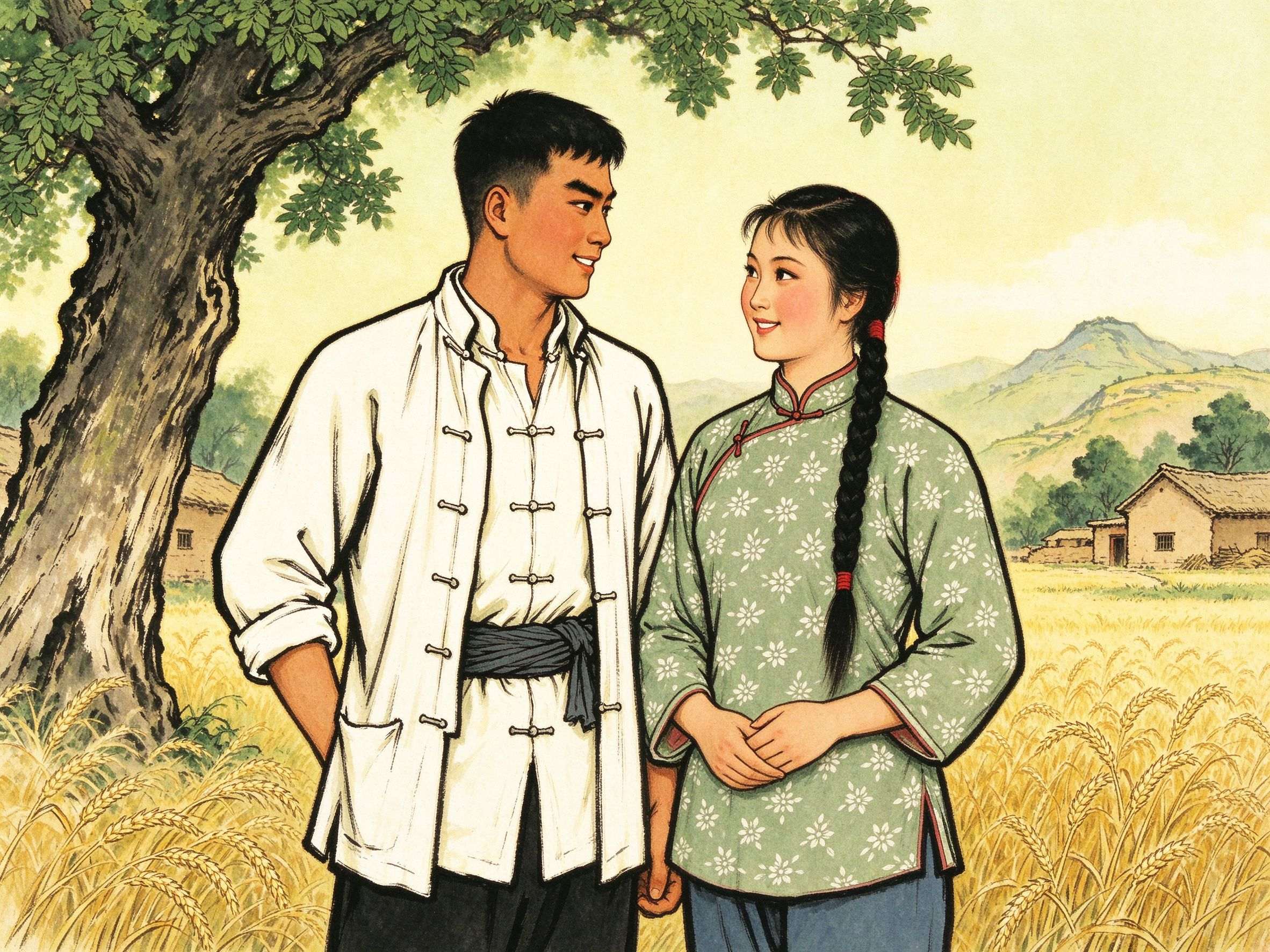 豫剧现代戏《小二黑结婚》农村青年小二黑与小芹并肩站在村头老槐树下相视微笑，麦田远山背景