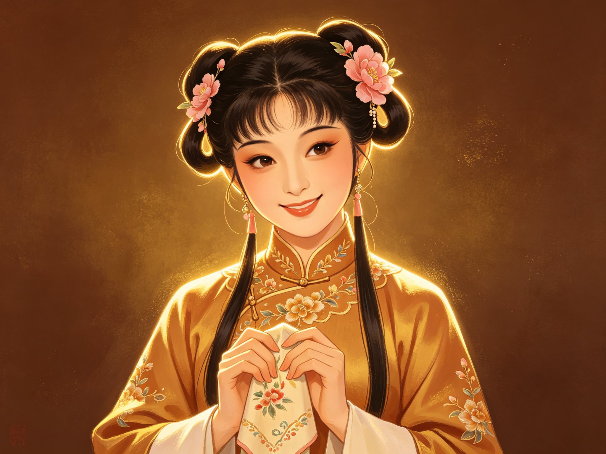 豫剧《小姑贤》小旦小姑英英双丫髻持手帕聪慧含笑的戏曲人物肖像