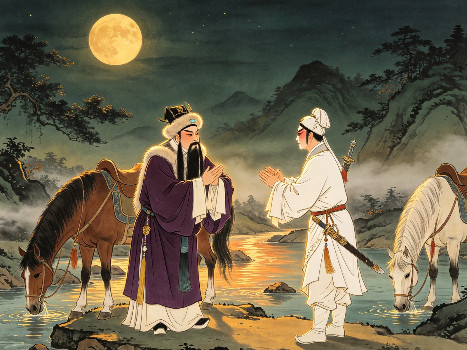 豫剧《萧何月下追韩信》月夜山道溪边：紫袍老生丞相策马追赶，白衣武生牵马独行，两马伴于月下溪水旁
