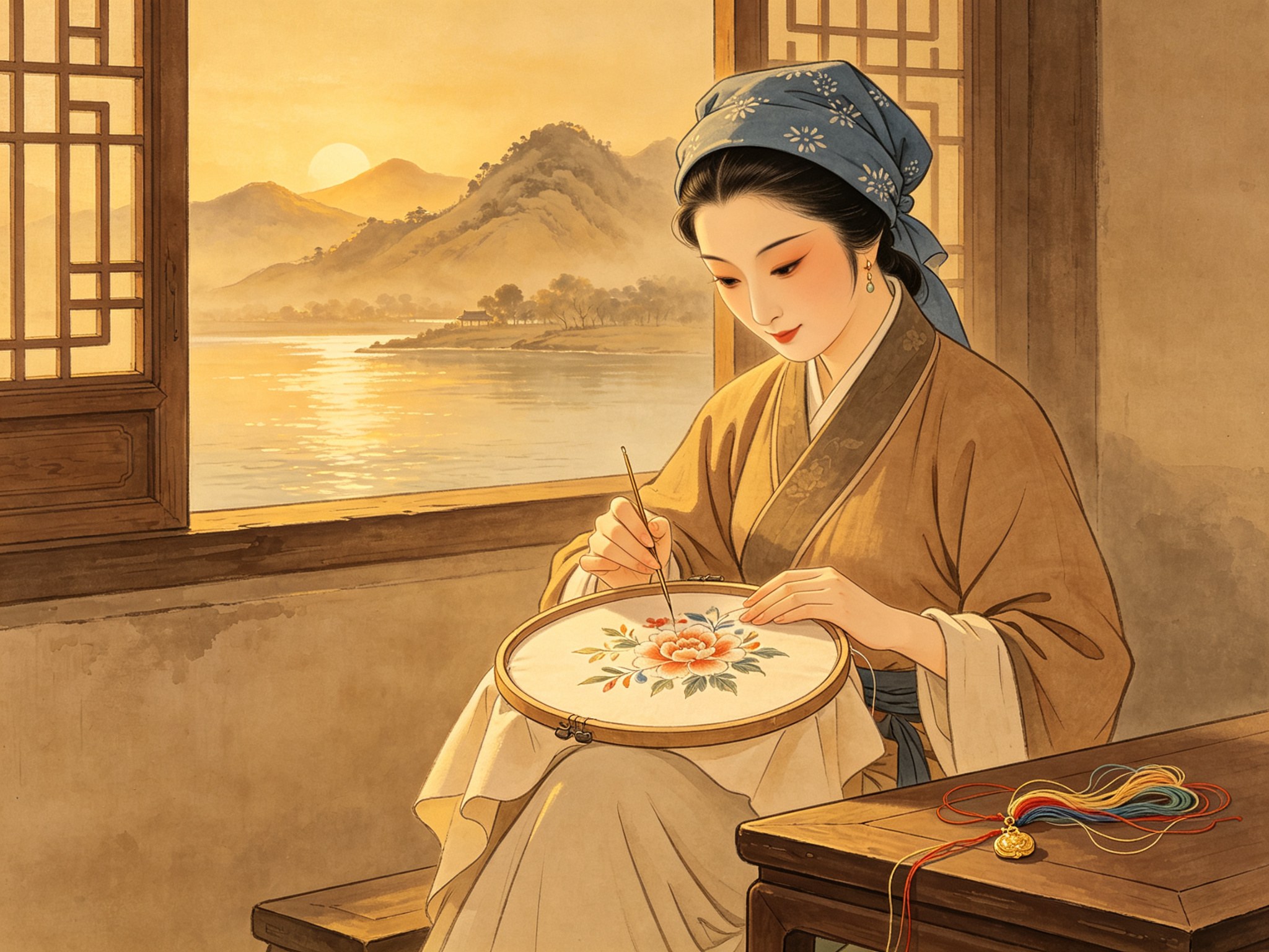 豫剧《绣花女传奇》南宋绣花女柳明月蓝印花头巾手扶绣花绷架刺绣背景临江木窗春江远山
