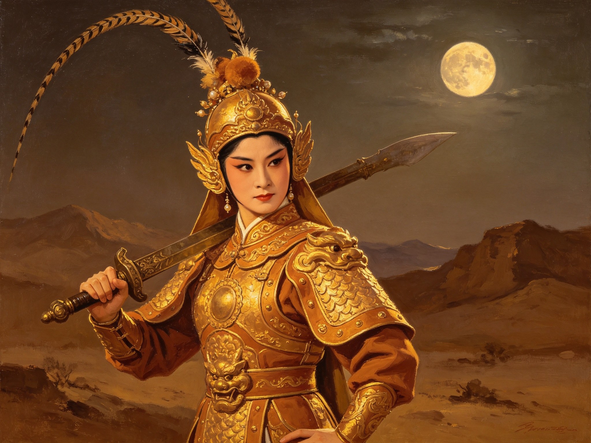 豫剧《杨八姐盗刀》刀马旦杨八姐头戴雉帅盔著赭金女靠肩扛古铜宝刀英武亮相