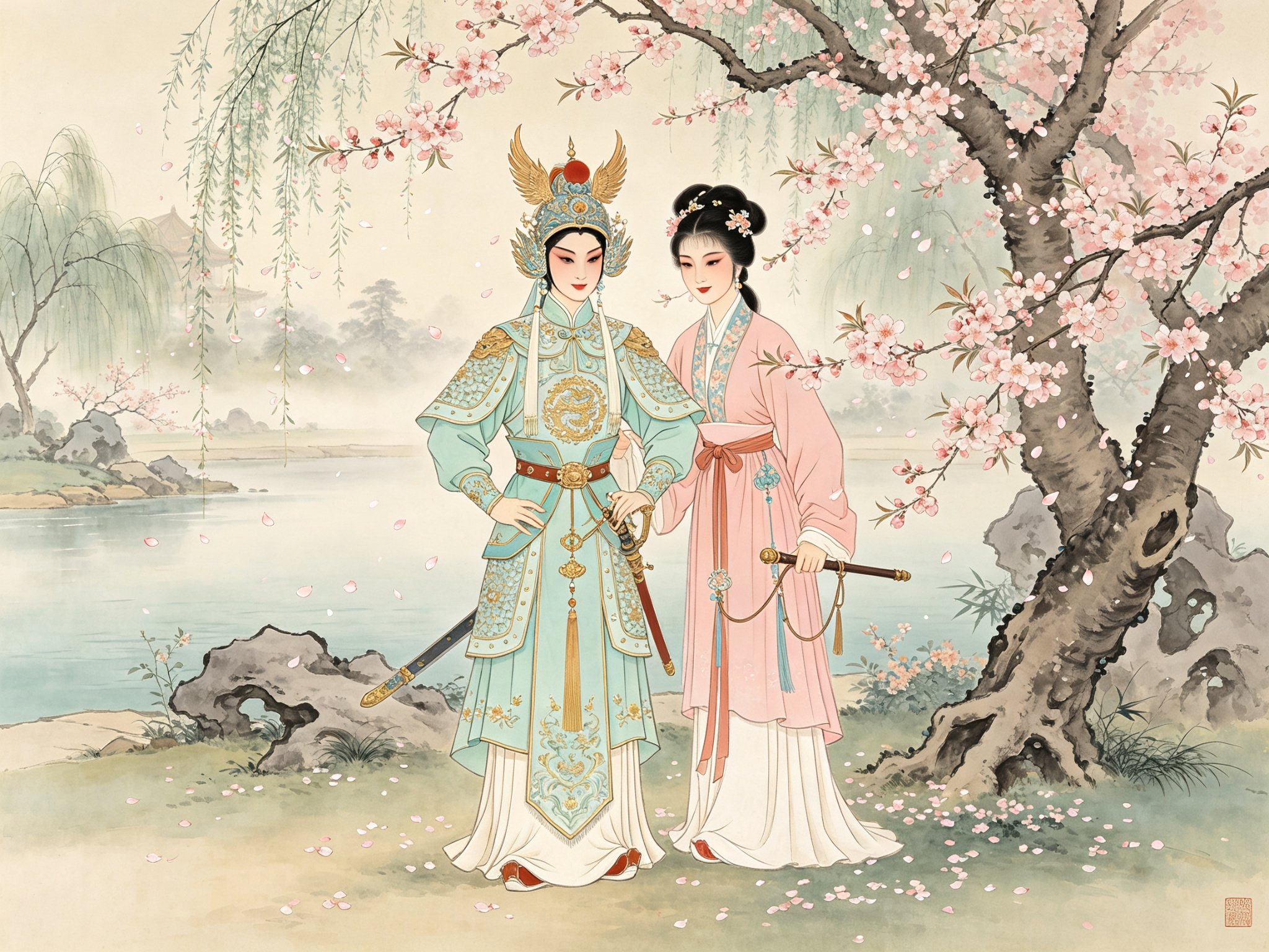 豫剧《杨八姐游春》中杨八姐身着淡青色宋式女戎装、腰悬佩剑，与杨九妹并肩立于盛开的桃树下，落英缤纷