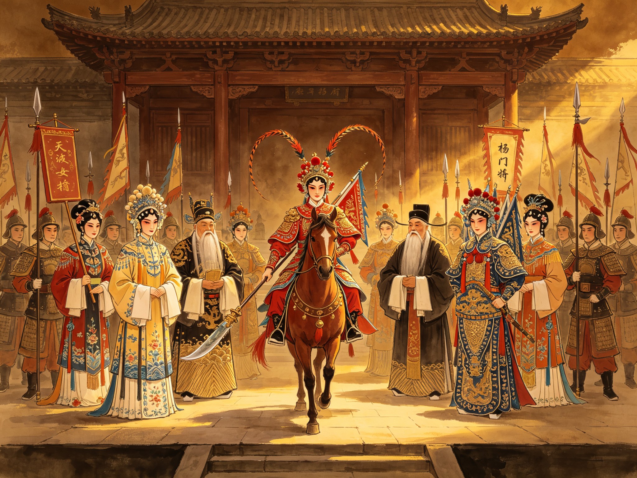 豫剧《五世请缨》（杨门女将）中天波杨府前，一群披挂整齐的杨门女将列队请缨，居中红甲雉尾的女将横刀立马，两侧是身着各色女蟒的年长儿媳与捧令旗的女兵