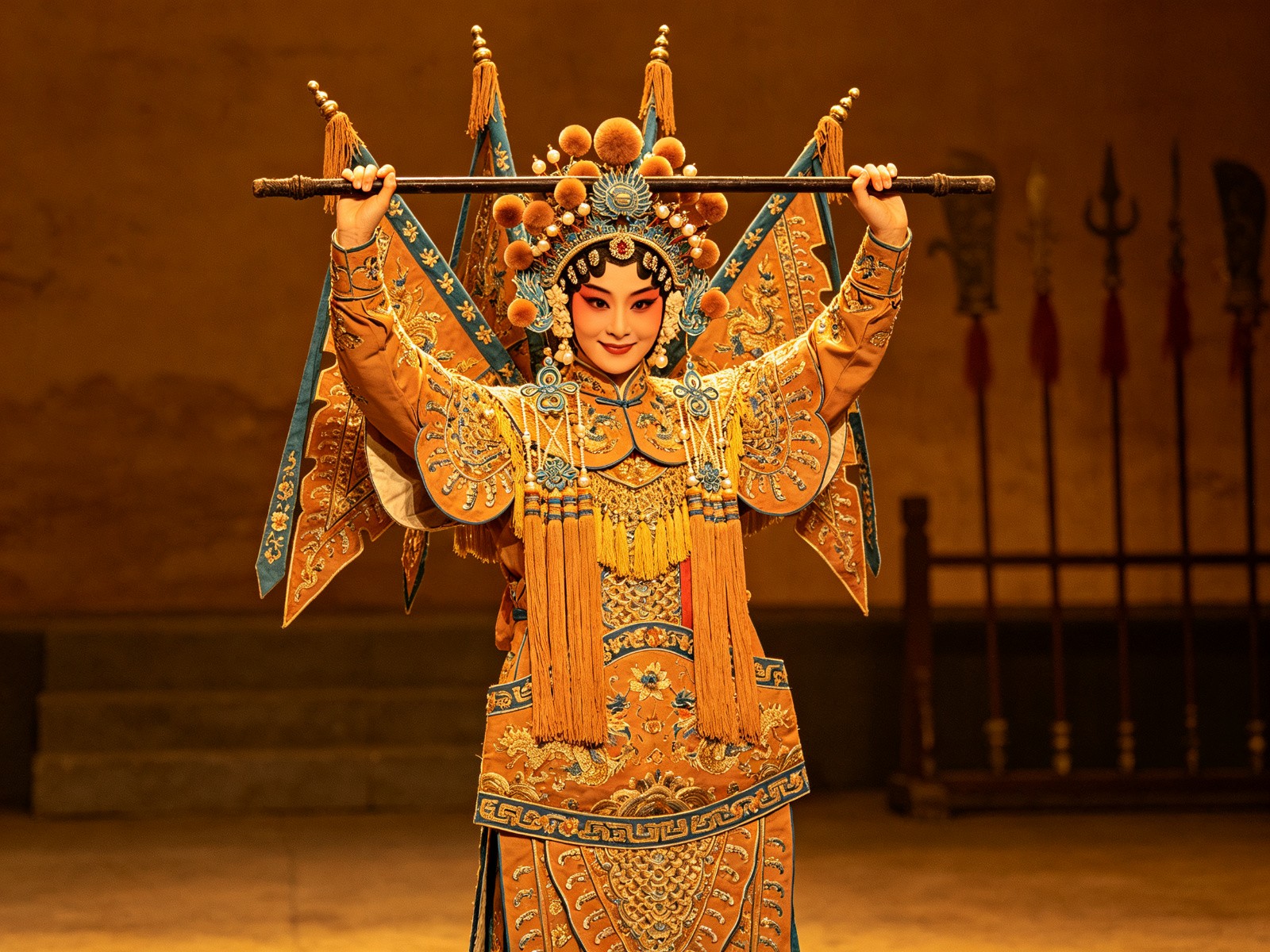 豫剧武旦杨排风点翠头面赭金女靠双手横持烧火棍英气立像
