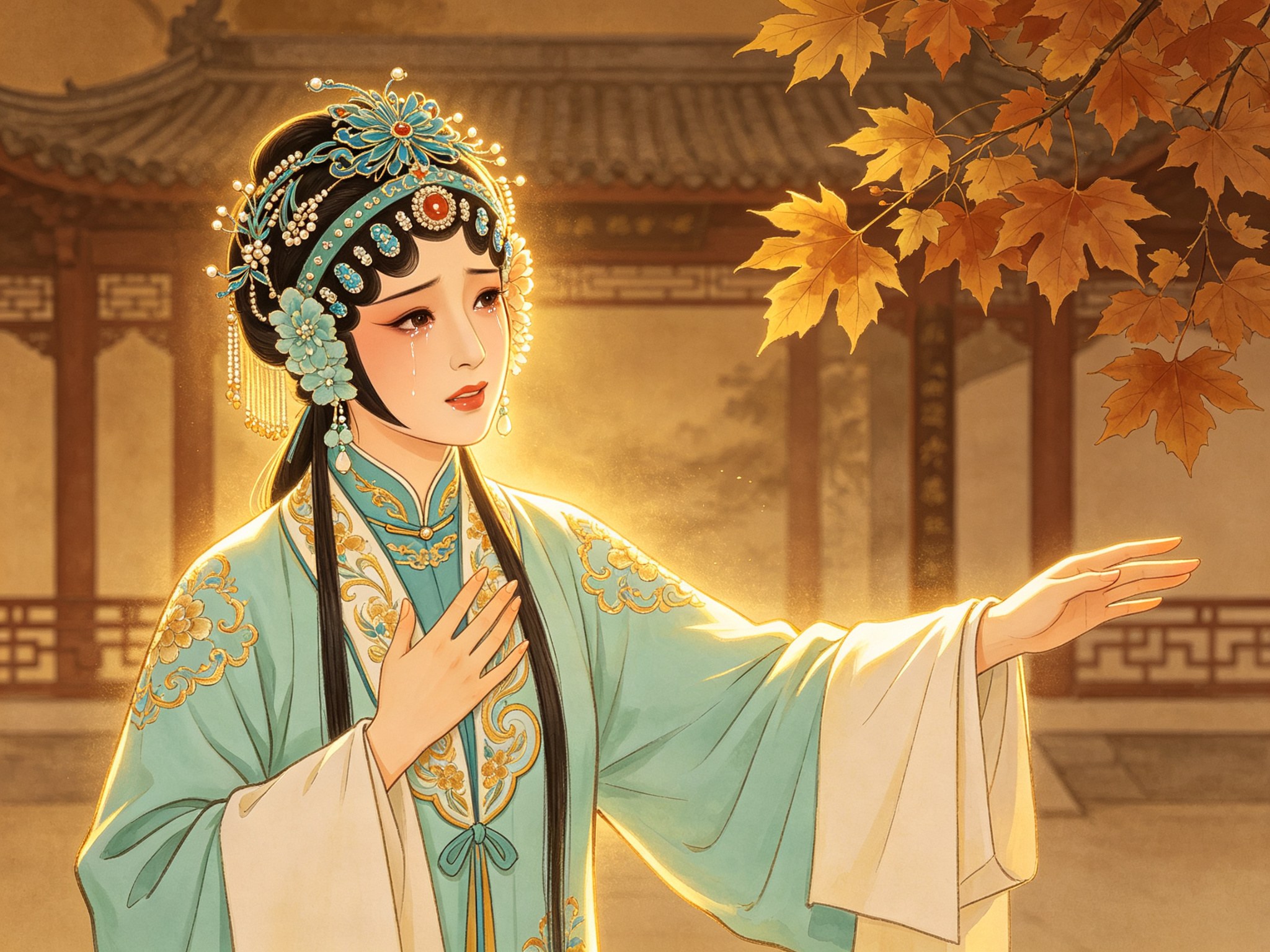豫剧《哑女告状》闺门旦掌上珠点翠头面淡青戏服眼含热泪伸手远望背景明代楼阁梧桐