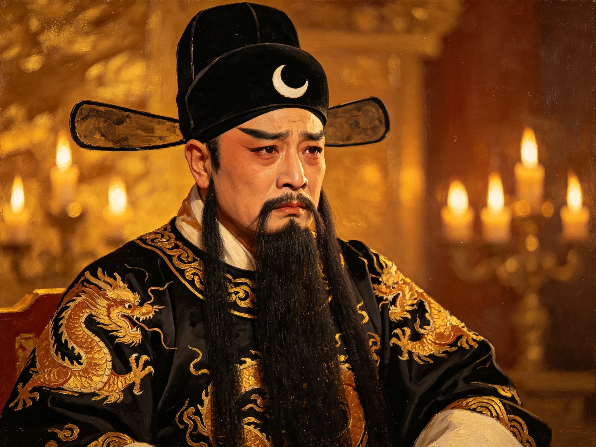 豫剧《铡包勉》黑头包拯黑脸额饰月牙挂长髯著赭金绣龙黑袍神情刚正悲戚背景烛光