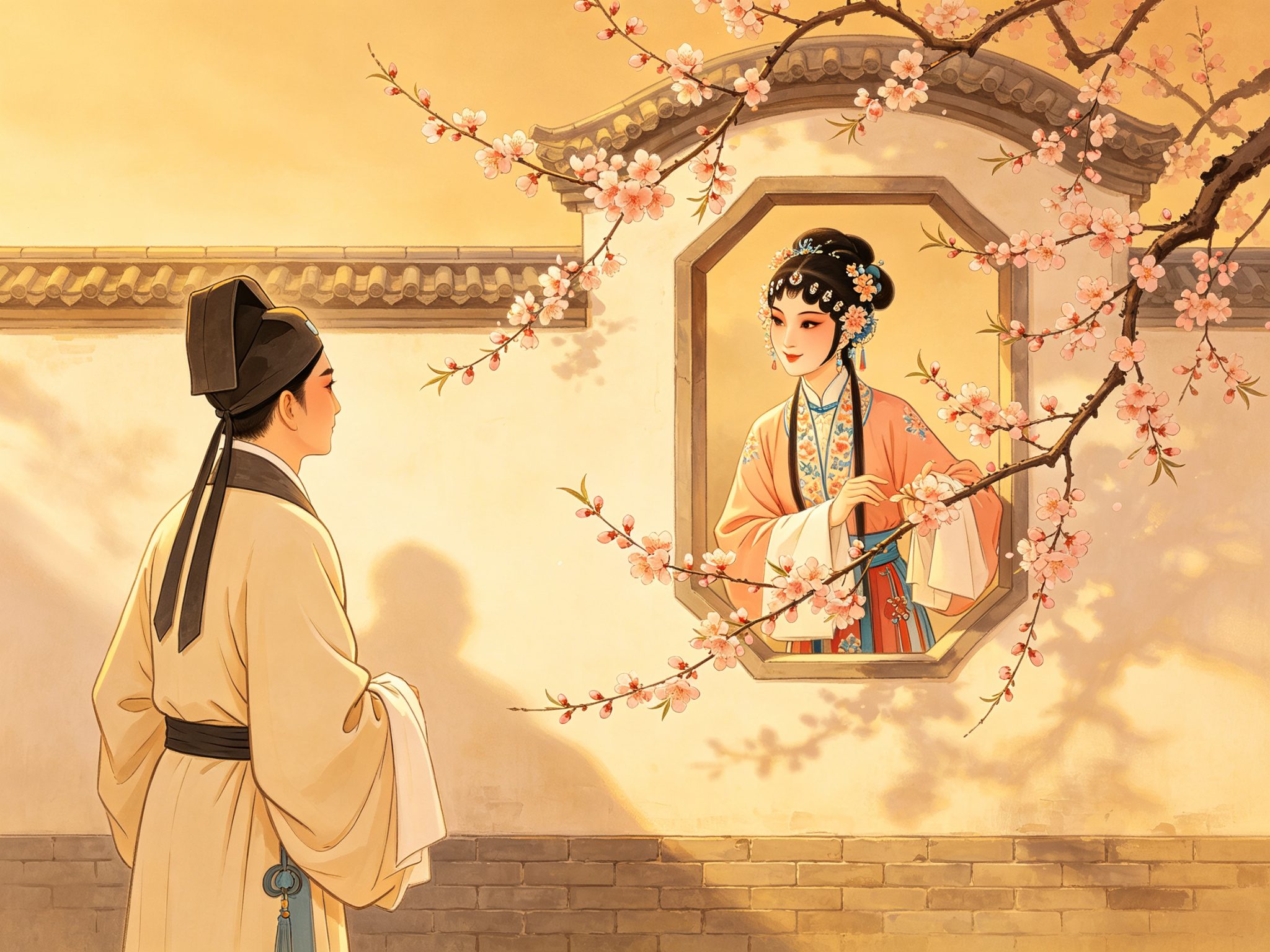 豫剧《站花墙》闺门旦王美蓉花墙下小生杨二舍隔墙相望
