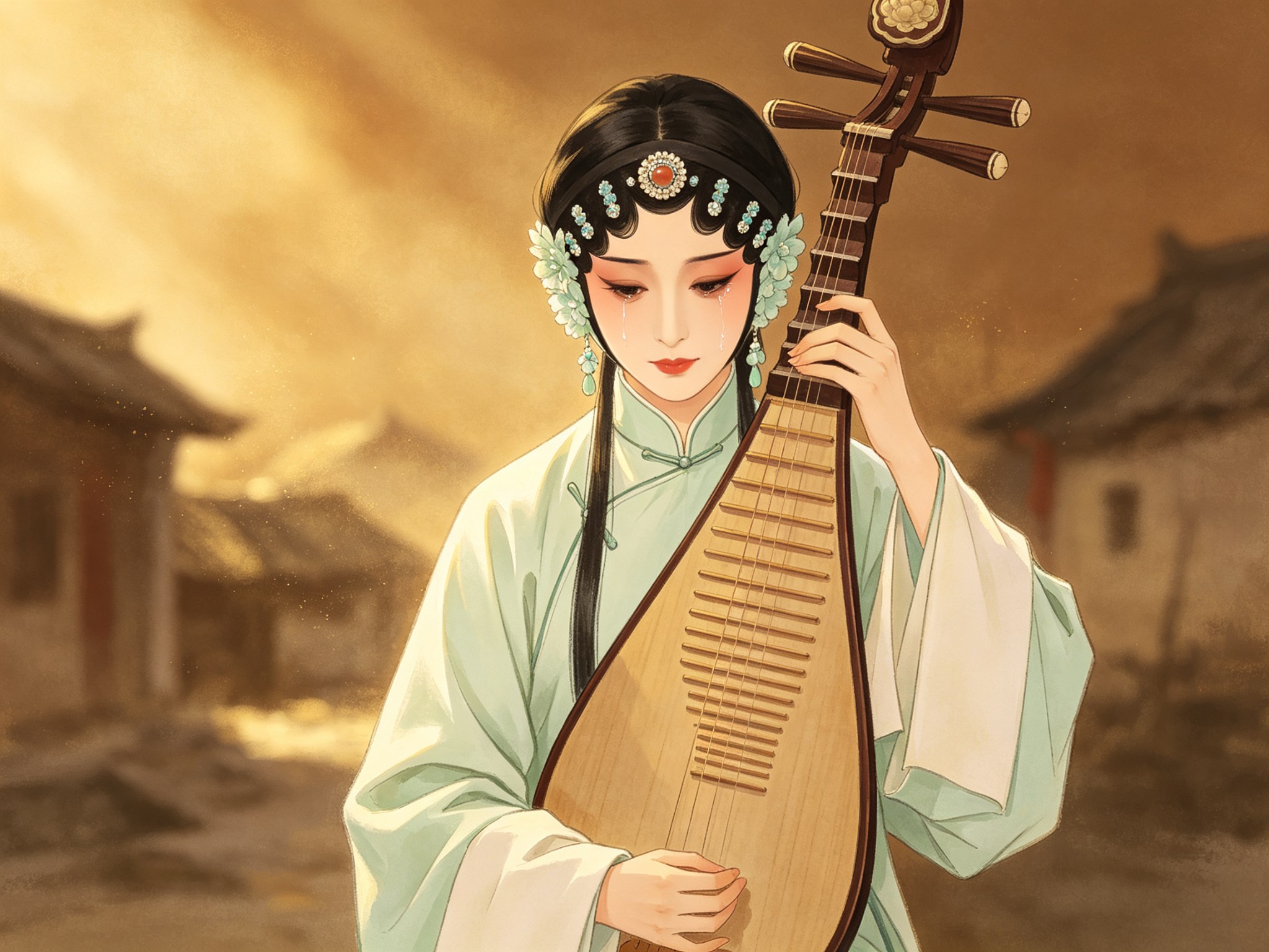 豫剧《赵五娘》怀抱琵琶、描容上路的青衣形象