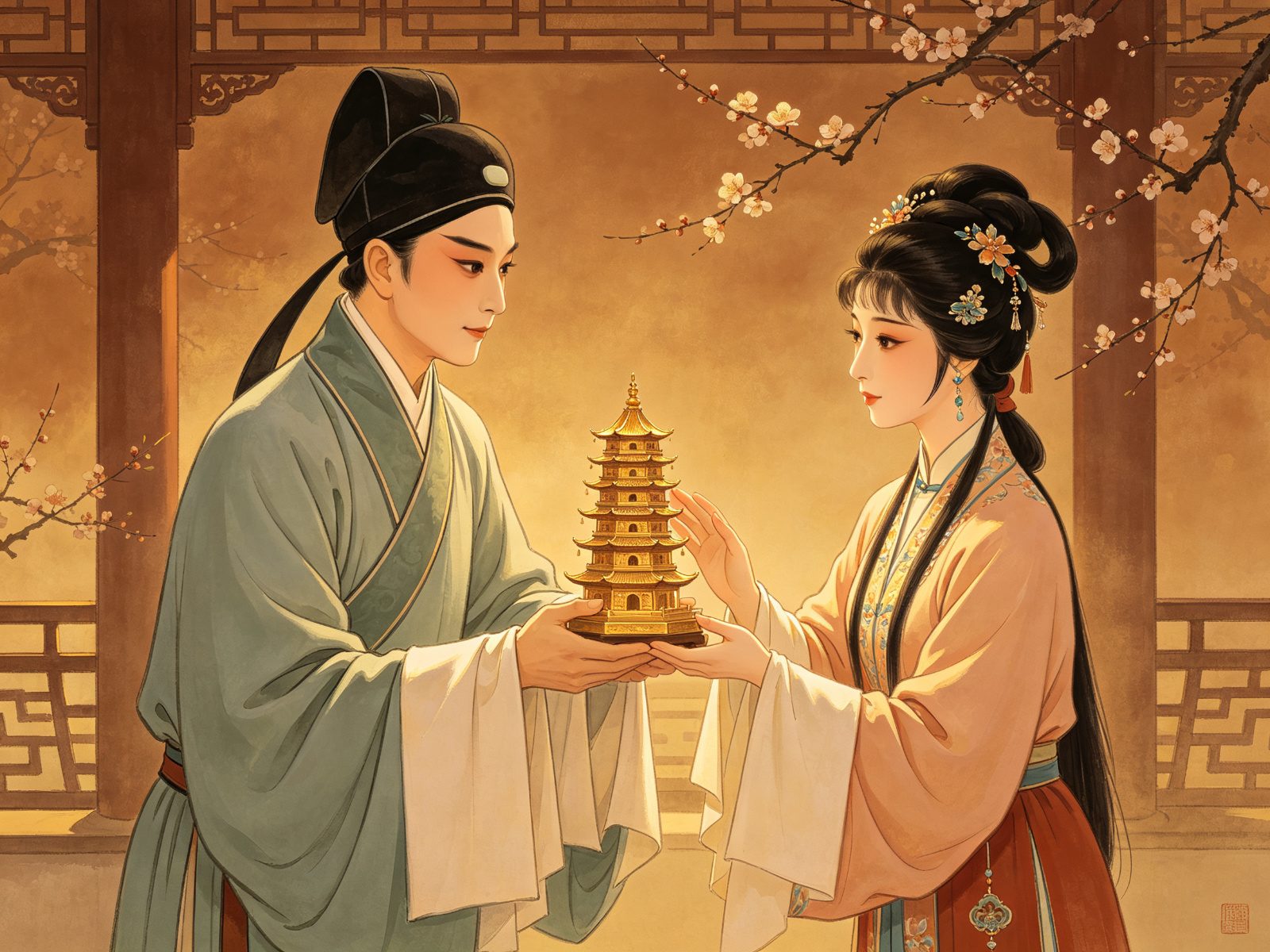 豫剧小生方卿双手捧出金色小宝塔表姐陈翠娥在古典园林回廊前赭金暖光