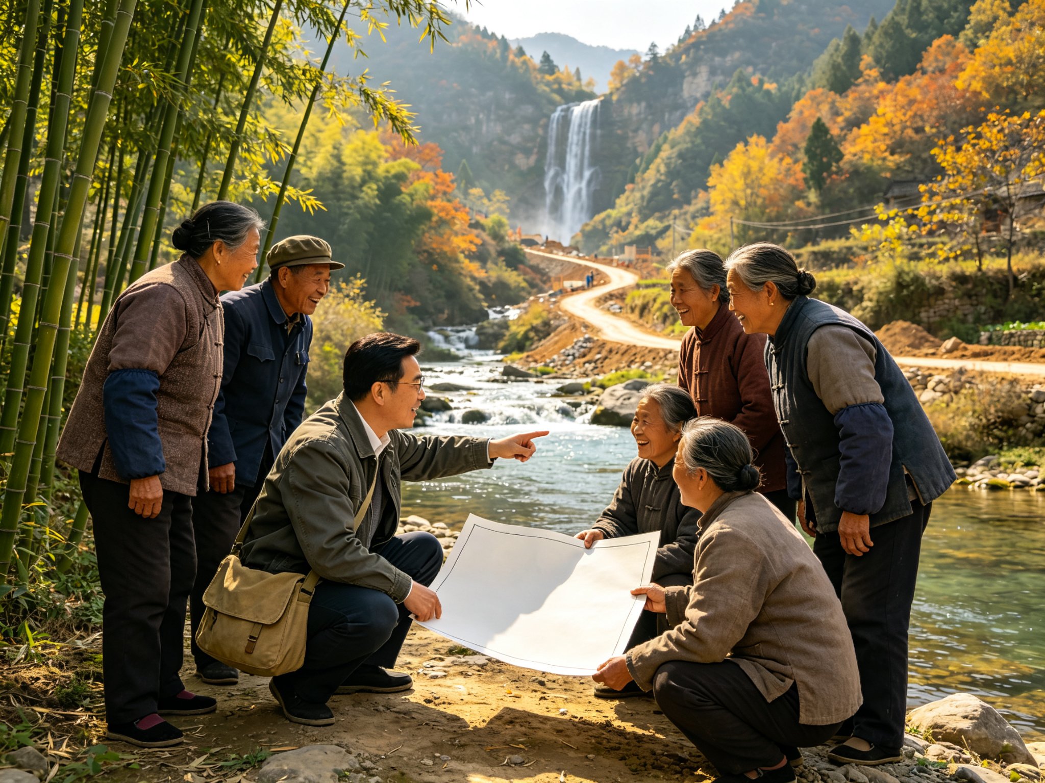 豫剧现代戏《重渡沟》中乡镇干部马海明蹲在豫西山村溪畔，与老乡们围看空白地图、指向远处青山瀑布规划旅游开发