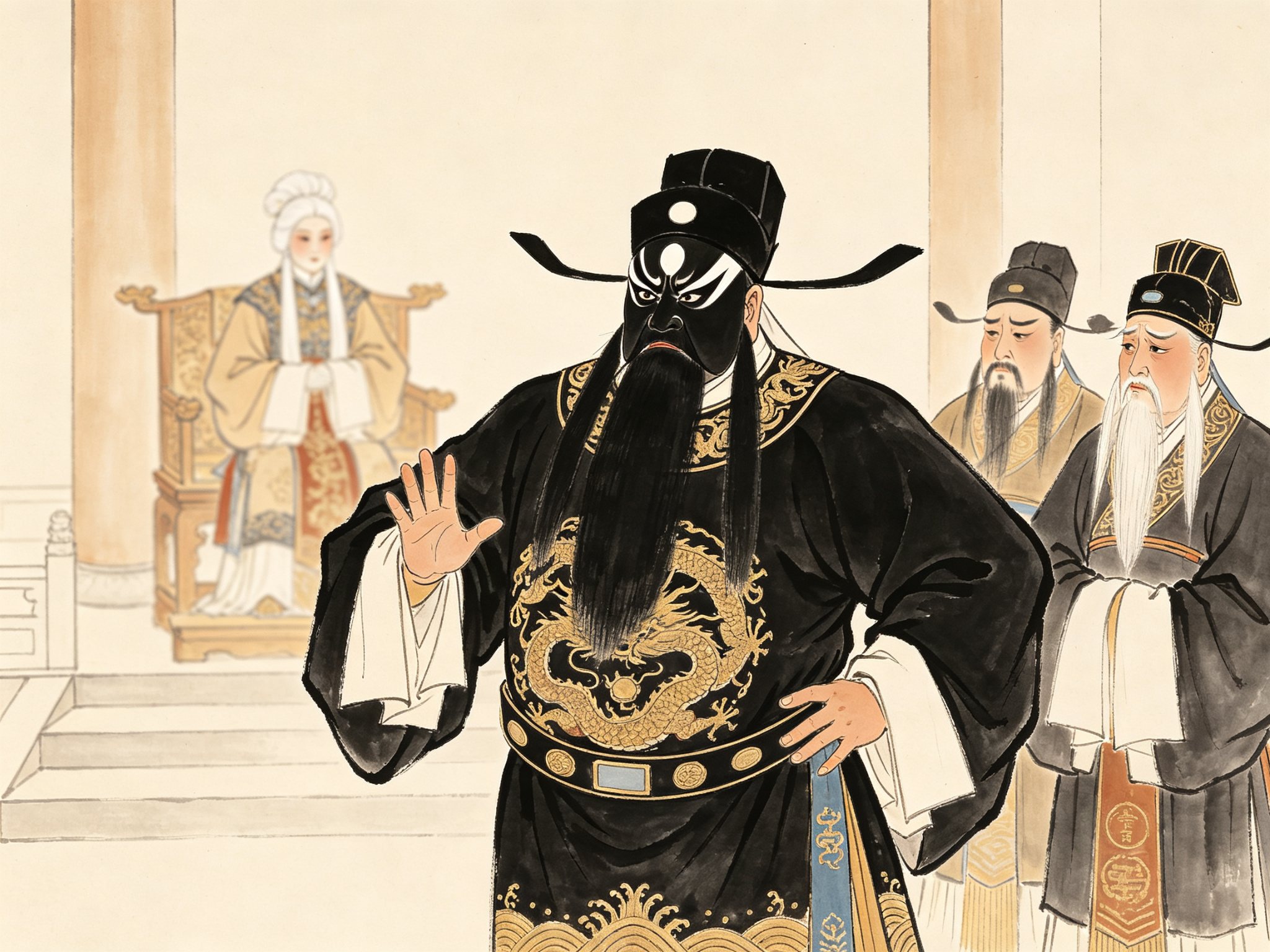 豫剧《忠烈千秋》黑头包拯黑脸额绘白月着黑蟒玉带立于朝堂作闯殿力谏状，后景老旦佘太君与老生大臣