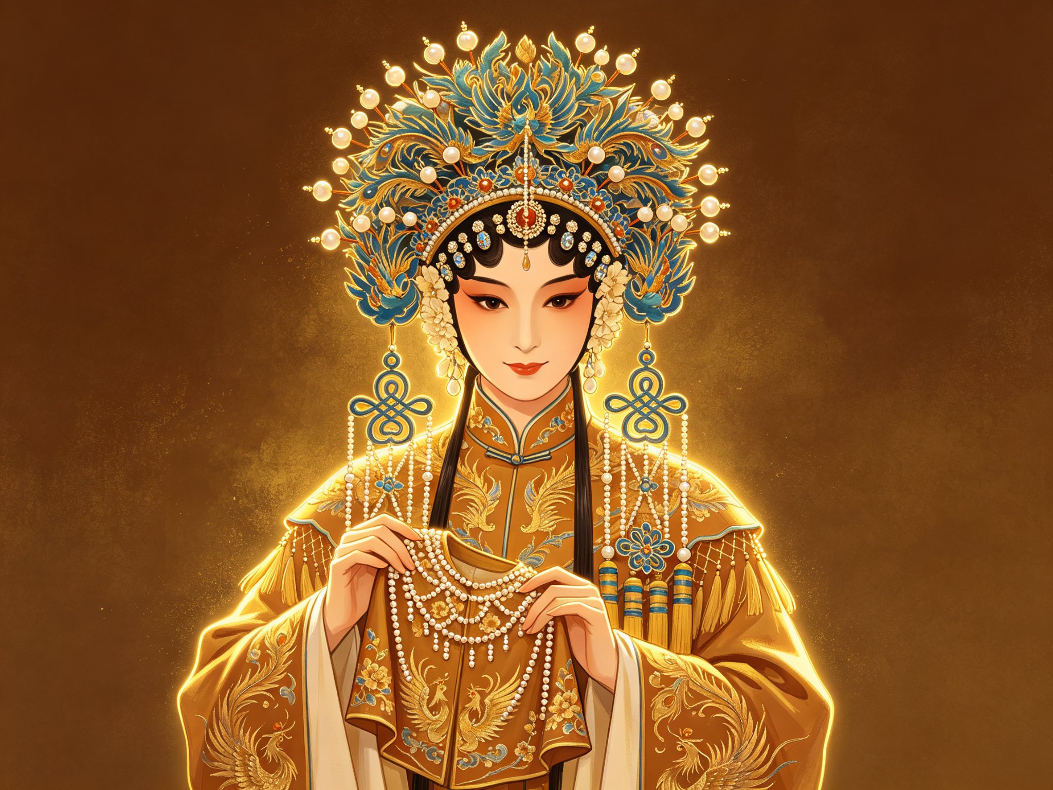 豫剧《状元媒》青衣柴郡主持凤冠捧着珍珠衫的戏曲人物肖像