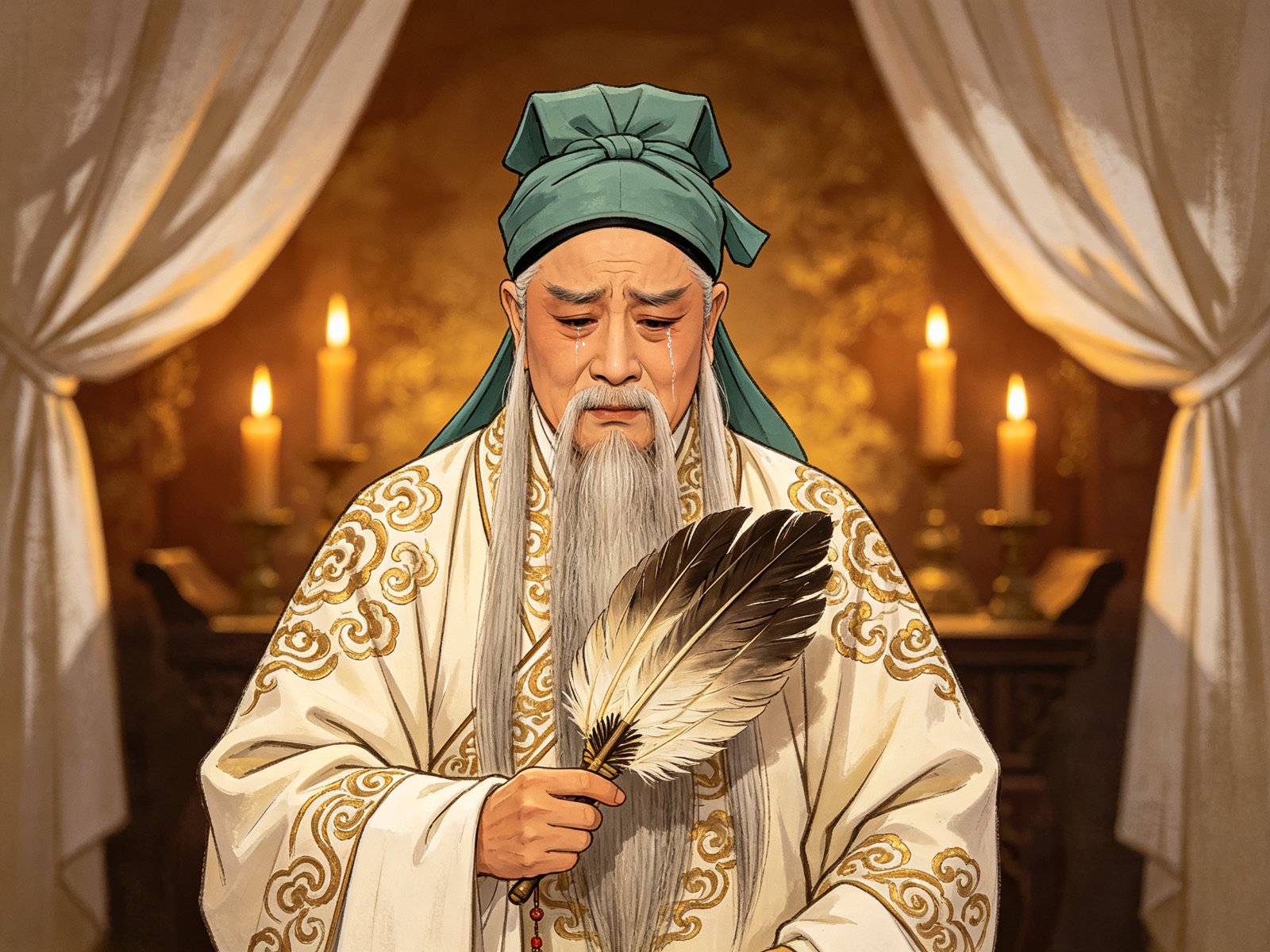 豫剧《诸葛亮吊孝》诸葛亮素服羽扇纶巾跪伏柴桑口灵堂祭台前白烛摇曳悲怆赭金色调