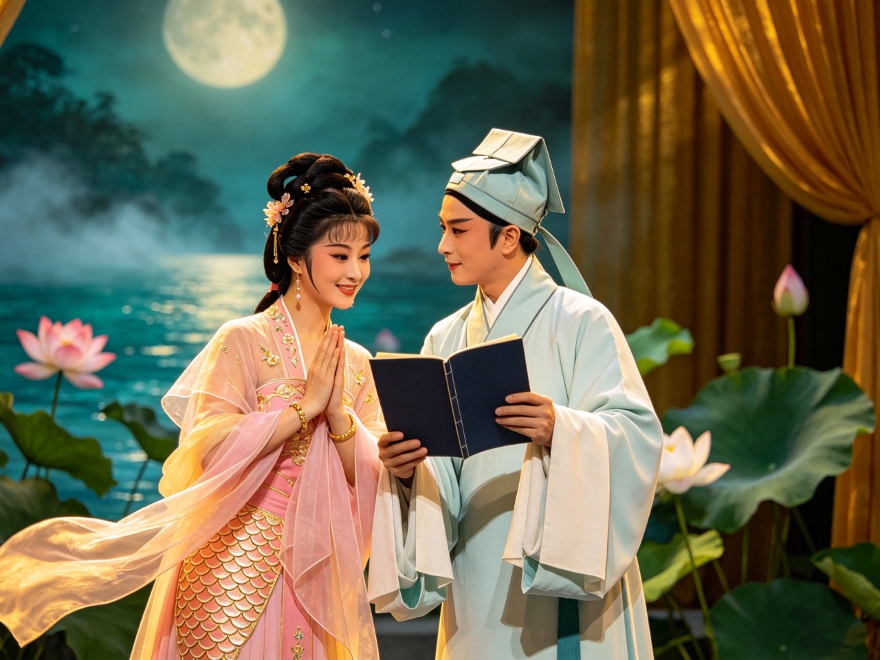豫剧《追鱼》闺门旦鲤鱼精粉金鱼鳞戏服薄纱水袖立于碧波潭荷花丛前，小生张珍月白青衫手持书卷侧身凝望，月色潭光相映